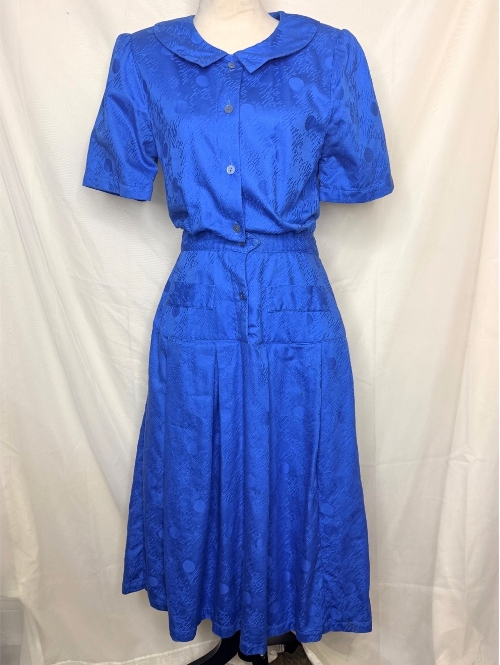 80s Plaza South Blue Jacquard Shirtwaist Dress